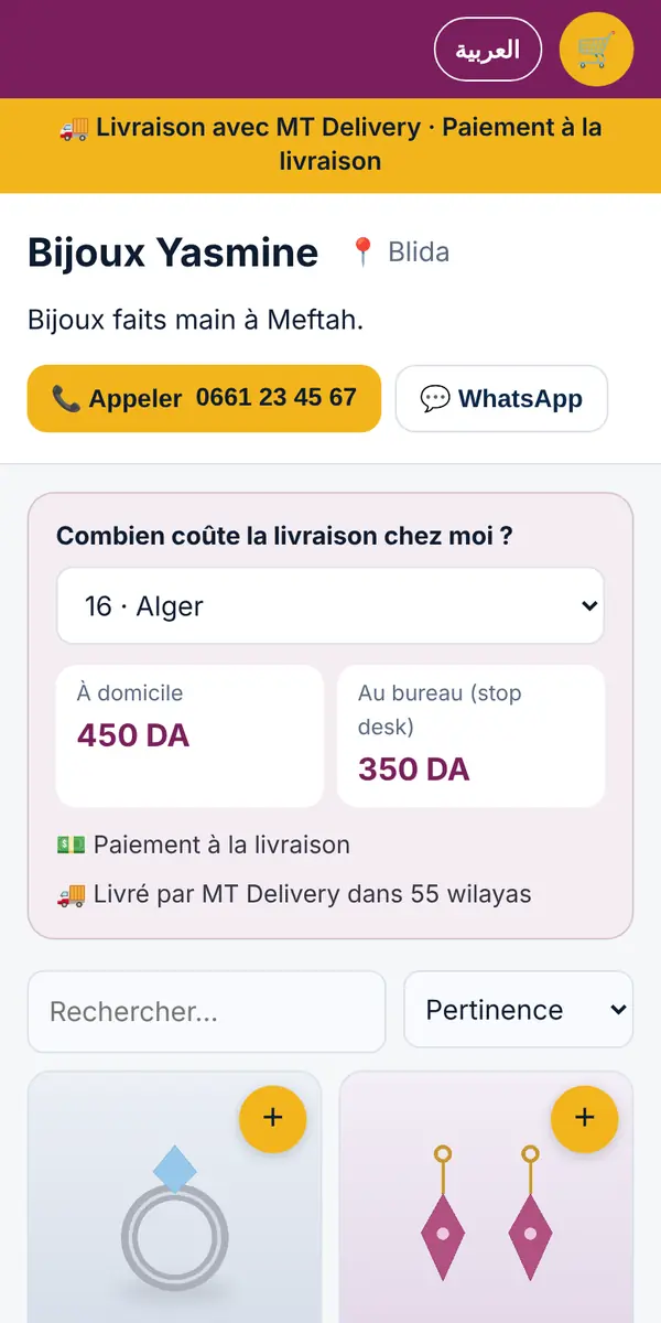Capture d'une boutique MT STORE : annonce, contacts du vendeur et calcul des frais de livraison par wilaya